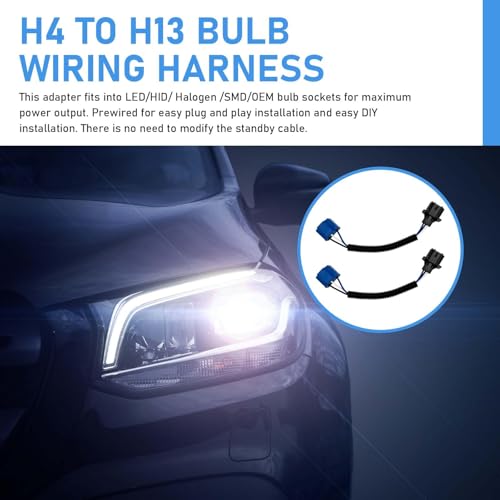 2 PCS Car H13 Male to H4 Female Adapter, Waterproof Wiring Harness Adapters Connector, Heat Resistant HID to Led Conversion Wire Harnes Kit for Fog Lights (Black)