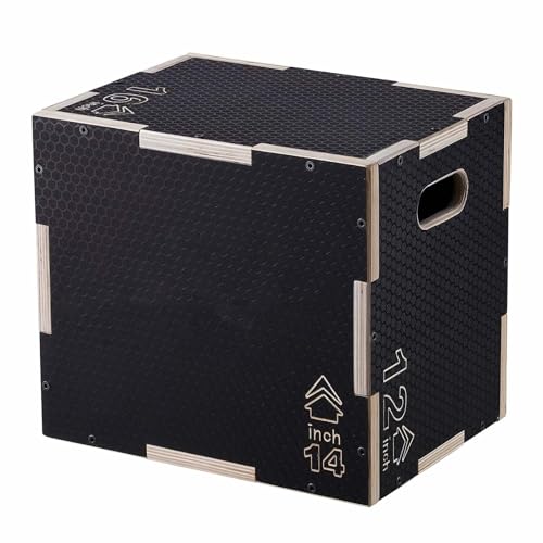 Plyometric Jump Box, 3-in-1 Wooden Plyo Box 16/14/12 Inch, Agility Platform, Step Up Box for Gym, Strength & Conditioning, Home Fitness, Black