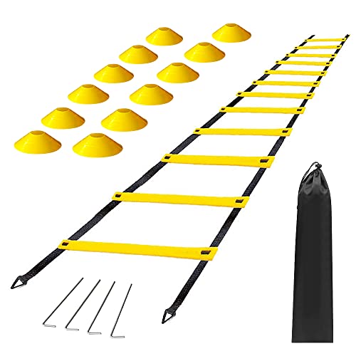 12 Rung Agility Speed Ladder, Adjustable Training Ladder with 12 Marker Cones and Storage Bag, for Soccer Football Fitness Speed Coordination Training