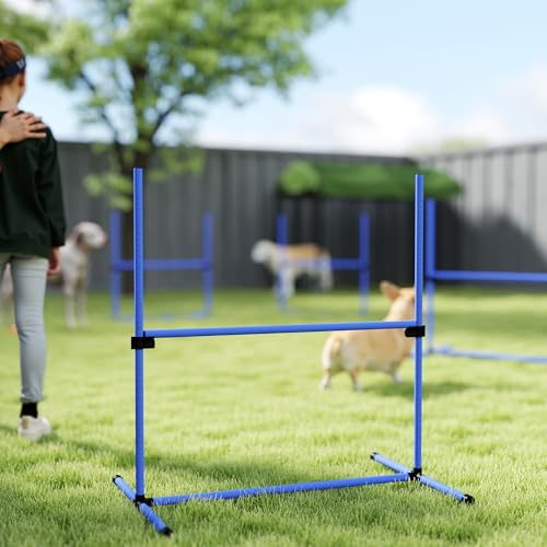 PawHut 4 Piece Dog Agility Training Equipment for Dog Agility Course with Adjustable Height Jump Bars, Included Carry Bag, & Displacing Top Bar, Blue