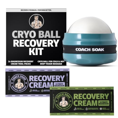Coach Soak Massage Roller Ball – Dual Hot & Cold Stainless Steel CryoBall with Silicone Control Grip, Handheld Recovery Roller Glides Easily for Deep Tissue Massage – 2X Magnesium Cream Included