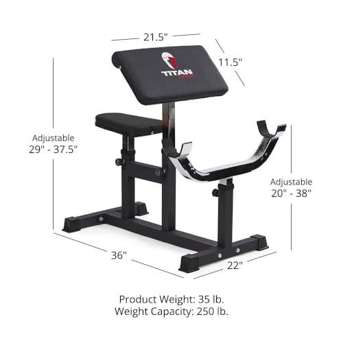Titan Fitness Adjustable Preacher Curl Weight Station, 250 LB Capacity, Adjustable Bench Seat, Adjustable Arm Rest, Durable Bar Catches, Seated Home Gym Barbell and Dumbbell Biceps Station