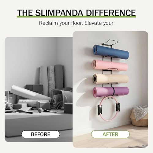 Slim Panda Yoga Mat Holder Wall Mount With Mesh Bag,Yoga Accessories Storage Rack,Home Gym Organizer with 5-Tier & 3 Hooks for Hanging Yoga Mats, Foam Roller, Resistance Bands, Space Saver
