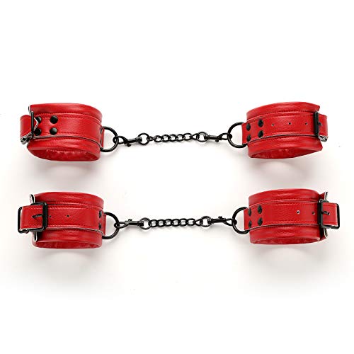 Adjustable 4 Premium Soft Leather Cuffs Soft Leather Straps for Ankle and Hand and Wrist Sports Aid Training Fitness Set, Red