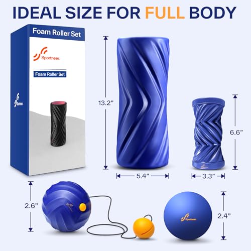Sportneer 4 in 1 Foam Set, Muscle Relax Kit with 2 Textured Foam Pilates Rollers, Stringed Exercise Ball, Lacrosse Ball for Muscle Shoulder Back Leg Whole Body Relax Fitness Yoga - color: Blue