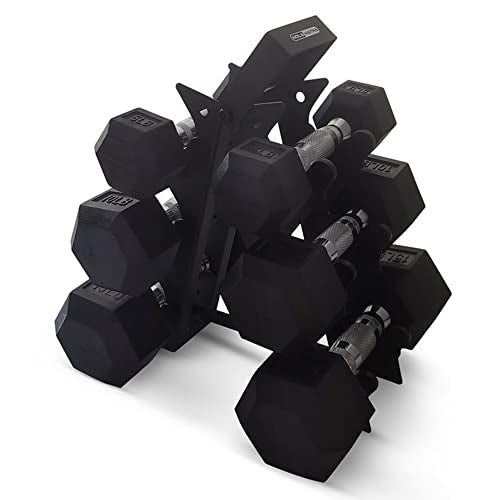 HolaHatha Hexagonal Dumbbell Free Hand Weight Set w/Rack - color: Black, style: 60lb Set
