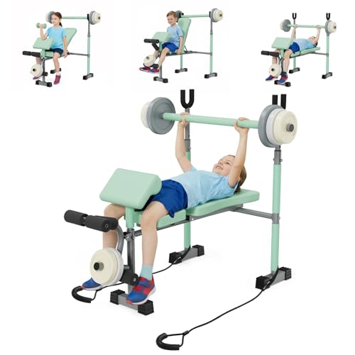 Kids Workout Equipment, Adjustable Kids Workout Bench with Preacher Pad & Leg Developer, Fillable Weight Plates for Home Gym Fitness & Exercise