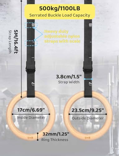 GHB Gymnastic Rings Wooden Gym Rings 1.25" 2 Pack Buckle and Carabiner Numbered Straps