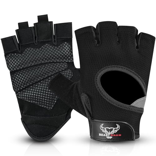 BEAST RAGE Fingerless Weight Lifting Gloves with Palm Protection Padding, Breathable Lightweight Gym Gloves for Men, Women, Weightlifting, Cycling, Exercise, Training Pull Up - color: Black, size: Large