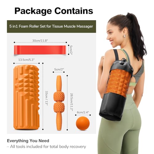 5 in 1 Foam Roller Set - Deep Tissue Foam Roller, Muscle Roller Stick, Massage Ball, Resistance Band for Physical Therapy & Deep Tissue Muscle Massage (Orange) - color: Orange