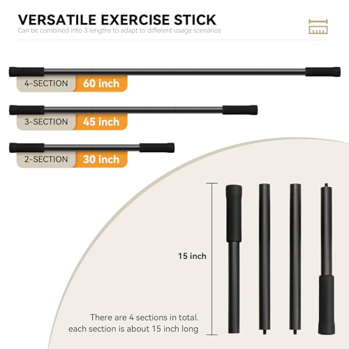 Yoga Stick 5ft Adjustable Stretching Stick, Versatile Exercise Stick Non-Slip Ends and Sponge Handles for Fitness, Flexibility and Balance, Posture Correction - Black