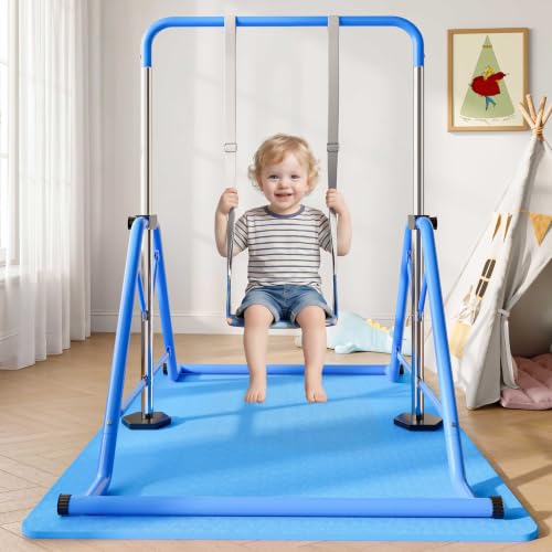 Expandable Gymnastics Bars 45''-61'' with Side Support Bars for Kids - color: Blue with swing and mat