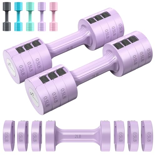 Sportneer Adjustable Dumbbells Hand Weights Set: 5 lb Dumbbell Set of 2 Each 2lb 3lb 4lb 5lb Free Weights Fast Adjust Weight 4 In 1 Weights Dumbbells Set for Women Men Home Gym Exercise Training - color: Purple