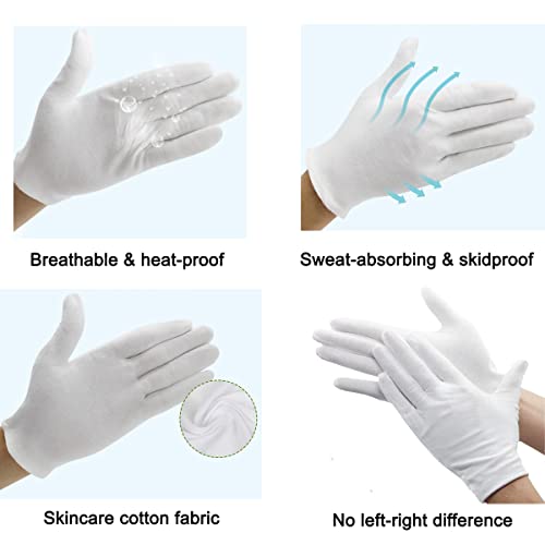 12Pairs White Cotton Gloves for Eczema Dry Hands - Breathable Moisturizing SPA Gloves Liners - Soft Jewelry Photo Inspection Gloves Stretchy Fit for S, M, L Hands of Men and Women