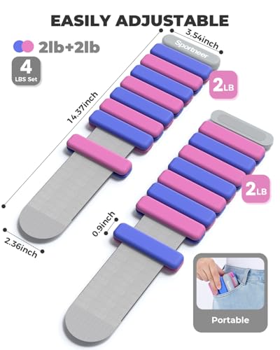 Sportneer Wrist & Ankle Weights for Women Men 4 lbs (2 lb Each) Adjustable Silicone Weighted Bracelet Set for Gym Yoga Pilates Cardio Strength Training Wearable Arm Hand Workout Weights