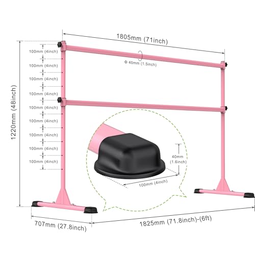 Dolibest Freestanding Ballet Bar, Height Adjustable Ballet Bar, Heavy Duty Dance Bar, with Non-Slip Rubber Pads, Enhanced Stability, Dance/Yoga/Fitness Stretching Bar, Ideal for Kids and Adults - color: Pink- 6ft Steel Cross Bar