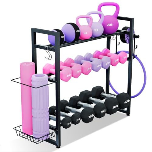 Weight Rack, 3-Tier Gym Organization for Home Gym with Shelf & Hooks