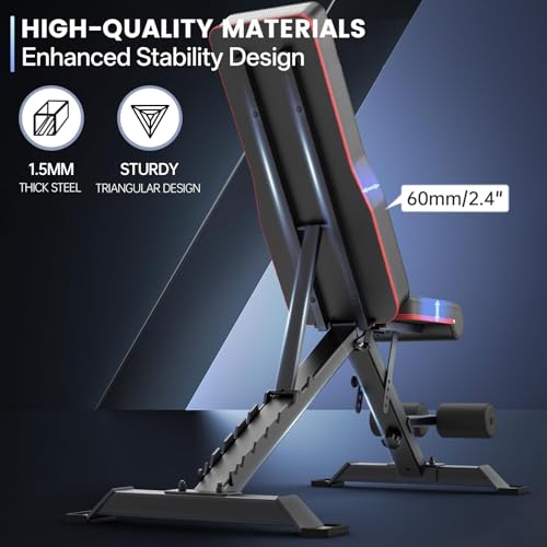 PASYOU Adjustable Weight Bench, 660LB Capacity Foldable Workout Bench, Incline Flat Bench Press for Home Gym, Dual-Frame Strength Training Bench, No Assembly Required, Wider Seat - color: Grey