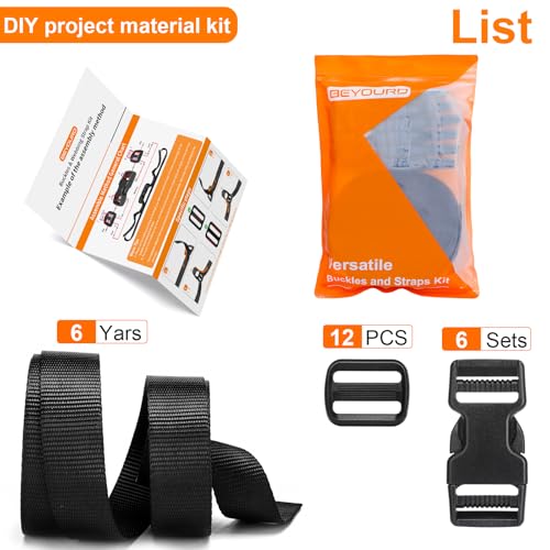 BEYOURD Buckles and Straps Set 1": 6 Yards of Thick Nylon Webbing, 6-Pack Heavy Duty Adjustable Quick Side Release Plastic Buckles, 12 Tri-Glide Slide Clips, Black (1-Inch Combo Set) - style: 1" Combo Set