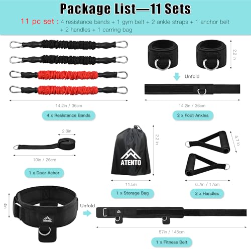 ATENTO 12 Pcs Set Resistance Bands for Legs and Butt, Fitness Elastic Band with Handles,Gym Belt, 4 Pcs Workout Band for Women & Men, Leg Day, Full Body Routine Exercise with Door Anchor, Ankle Strap