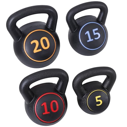 JupiterForce Wide Grip Kettlebell Sets 4 Piece Strength Training KettleBells Weights Set 5lb, 10lb, 15lb, 20lb HDPE Coated Concrete Kettle Bell for Women&Men for Full Body Workout, Exercise Fitness, Home Gym