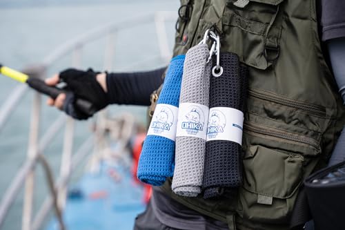 Microfiber Fishing Towels with Clip, Waffle Pattern for Effective Cleaning of Fishing Gears or Dirty Hands, 16” x 16”, Camping Towels, Hiking Towels, Pack of 3 (Black/Grey/Blue) - color: Black/Grey/Blue