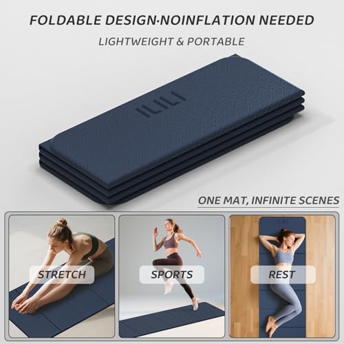 ILILI Foldable Yoga Mat 71 * 24 * 0.3'' - TPE Non-Slip Fitness Mat for Home,Waterproof & Lightweight (2lb) for Home Gym, Pilates & Stretching,Fitness Workouts - color: Dark Blue