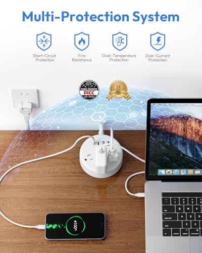 2 Prong Power Strip, NTONPOWER 10 FT Extension Cord, 2 Prong to 3 Prong Outlet Adapter, 180°Non-Polarized, 3 Outlets 4 USB (2 USB C), Wall Mount for Old House Non-Grounded Outlets,White - size: 10 ft