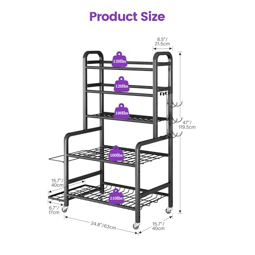Homeiju Dumbbell Rack, Weight Rack for Home Gym, Yoga Mat Storage Holder with Lockable Wheels, Dumbbell Stand with Hooks, All in One Work out Equipment Storage for Yoga Mat Dumbbell and Balls