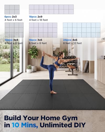 0.6'' Thicker 6 Tiles 24 Sq Ft Gym Flooring for Home Gym, Heavy Duty Interlocking Gym Mats, High Density EVA Foam Mats, Non-Slip Workout Mats, Exercise Mats for Home Workout, Black