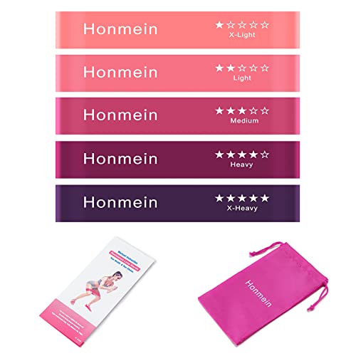 Honmein Resistance Bands for Working Out, Exercise Bands with 5 Resistance Levels Fit for Home Fitness, Strength Training, Natural Latex Resistance Band Include Instruction Guide and Carry Bag - color: Pink