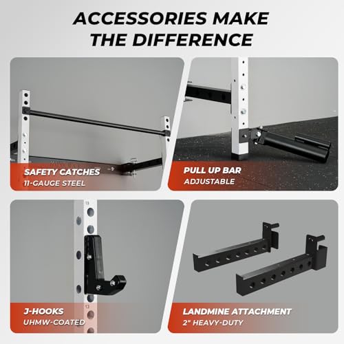 Mikolo 2" x 2" Folding Wall Mounted Squat Rack, 1000 Pounds Capacity Power Rack with Pull Up Bar, J Hooks and Other Attachments, Space-Saving Home Gym - color: White, style: Squat Rack with Safety Catches