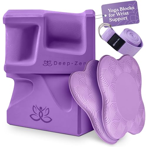 PRO Yoga Blocks | Ergonomic Yoga Block 2 Pack for Wrist Comfort and Support | EVA Foam Exercise Blocks, 2x Knee Pads & Yoga Strap | Pilates Block Set | Bricks to Eliminate Wrist Pain