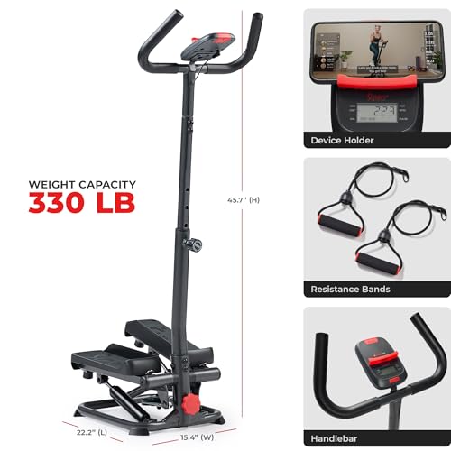Sunny Health & Fitness Total Body 2-in-1 Smart Stepper Machine for Home with Handlebar and Resistance Bands