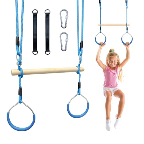 Trapeze Swing Bar with Gymnastic Rings | Sturdy Steel Construction | Warrior Accessories for Obstacle Course | Great for Indoor & Outdoor Use - Ages 3+