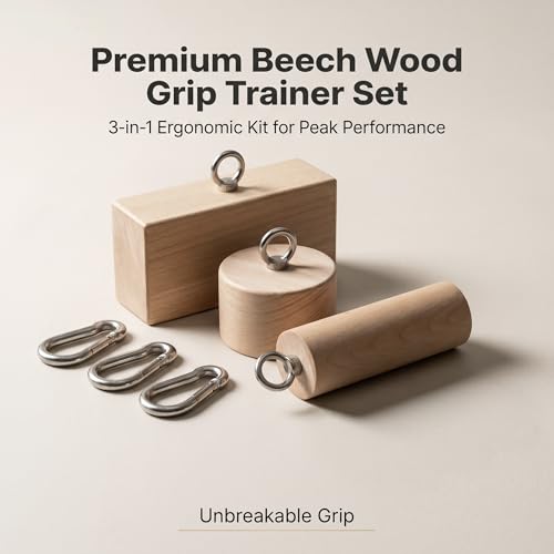 3 Pcs Wooden Grip Strength Trainer Set, Ergonomic Pinch Block Grip Workout Kit, Premium Natural Wood Hand Finger Forearm Strengthener with Stainless Steel Carabiners for Climbing, Weightlifting, Fitness, Home Gym & Rehab Training