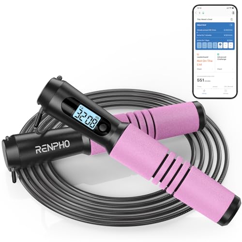 RENPHO Smart Jump Rope with Counter, App Data Tracking, LCD Display - color: Pink