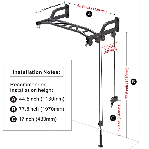 SELEWARE 48'' Heavy Duty Pull Up Bar Wall Mount Multi-function Chin up Bar with Home Gym Cable Pulley System LAT Pulldown Workout Attachments Heavy Bag Hanger - color: A. Black Pull Up Bar with Cable Pulley System
