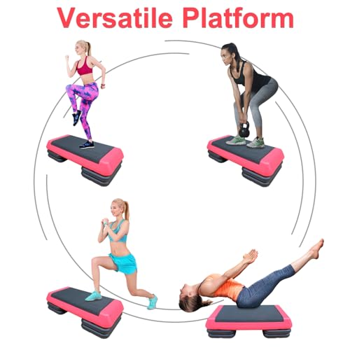 Adjustable Workout Aerobic Stepper In Fitness & Exercise Step Platform Trainer Red Black With 2 Risers