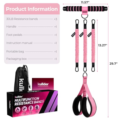 Upgraded Multifunction Pedal Resistance Band with Handle, 3 Tube Adjustable Resistance Bands, Full Body Fitness Exercise Equipment for Abdomen, Waist, Arm, Core/ABS, Leg, Physical Therapy (Pink)