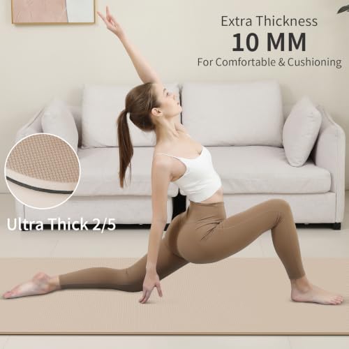 PAIDU POE Yoga Mat (10mm)Extra Thick Fitness Mat 72"x24" with Carry Strap - color: Beige+Black.