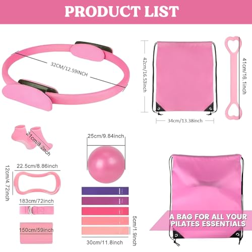 Pilates Ring 13 Piece Set,Pilates Kit for Women Exercise Equipment Accessories Deformation Magic Circle with Padded Handles, Workouts Ball, Guide & Bag, Resistance Bands for Legs Arms and Thighs