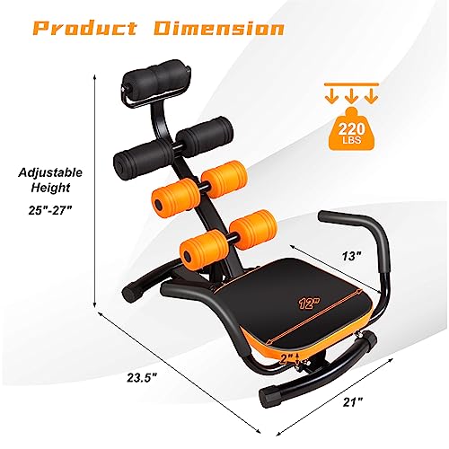 Ab Workout Machine, Height Adjustable Ab Rocker Trainer w/Ergonomic Curved Back, Cushioned Seat, Strong Spring Boost for Core Strength Training, Compact Sit Up Machine for Home Gym