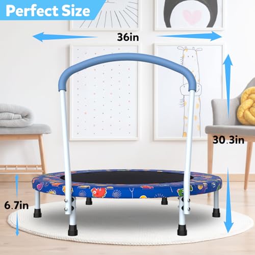 36"/55" Trampoline for Kids, Mini Toddler Trampolines Indoor with Basketball Hoop & Safety Enclosure Net, No-Gap Safe Desian for Boys Girls Ages 1-8 - color: Deep Blue, style: 36" with Handle