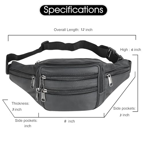 Leather Fanny Pack Travel Waist Bag 7 Pockets Waist Pack.Suitable for Outdoor Mountaineering Travel Camping Cycling Running etc FANNING511 Fanny pack (Black)