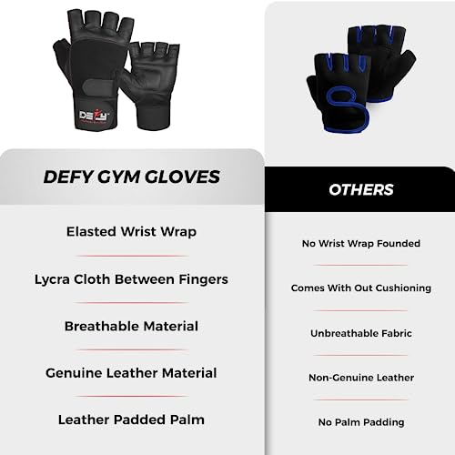 DEFY Padded Weight Lifting Gloves with 13" Long Wrist Wrap Genuine Leather Gym Gloves for Power Lifting, Cross Training, Workout Black