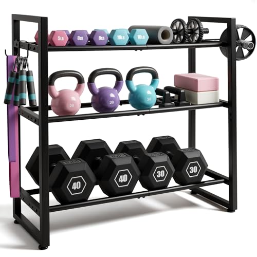 3 Tier Adjustable Dumbbell Rack, 31.5 Inch Length Dumbbell Weight Rack Stand for Home Gym Storage Organizer Dumbbells Kettlebell Up to 390 LB Capacity (Dumbbells Rack Stand Only) 