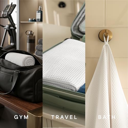 S&T INC. Aura Microfiber Waffle Bath Towels, 4 Pack, Quick-Dry, Ultra Absorbent, Lightweight Towels for Bathroom, 30 inches x 60 inches, 420GSM, White