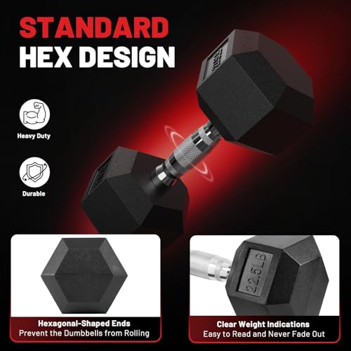 PAPABABE HEX Dumbbell Set 2.5-125lb, Rubber Encased Home Gym Dumbbells, Exercise & Fitness Weights Dumbbells for Women & Men, Hand Weight for Strength Training