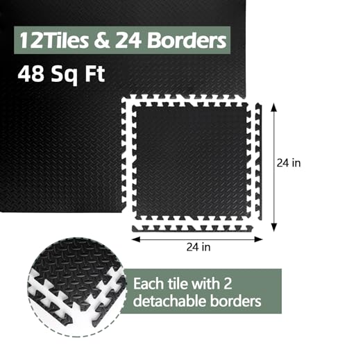 48 Sq Ft (12 Tiles) Interlocking Gym Mats, EVA Foam Puzzle Exercise Tiles for Home Gym, Yoga, Kids Playroom, Non-Slip Floor Protection - size: 48 Sq Ft (12 Tiles)